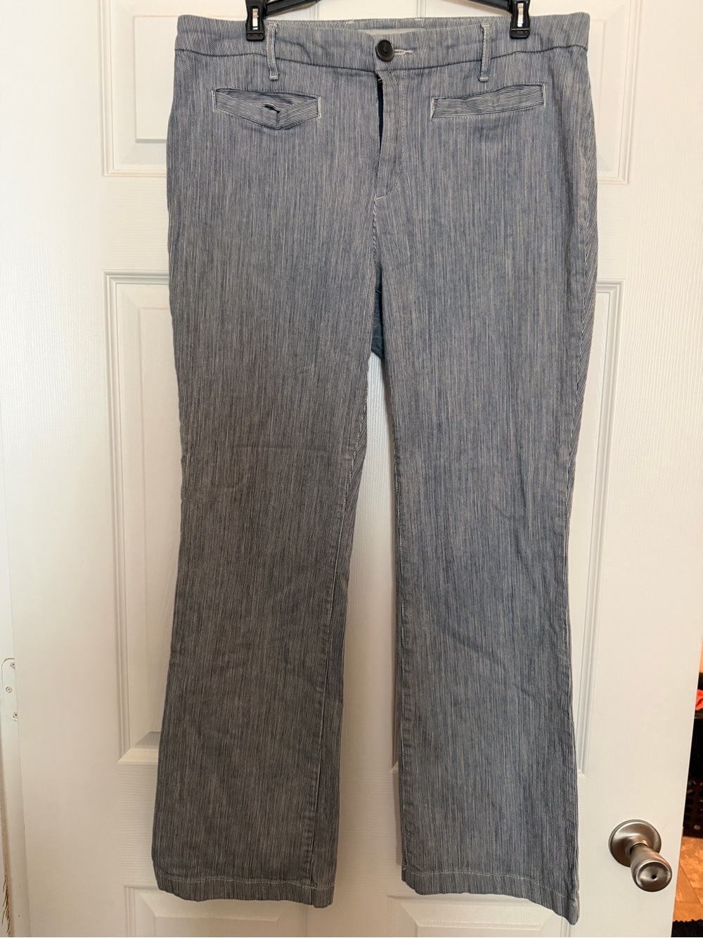 Chico’s Platinum Denim Pinstripe Trousers
